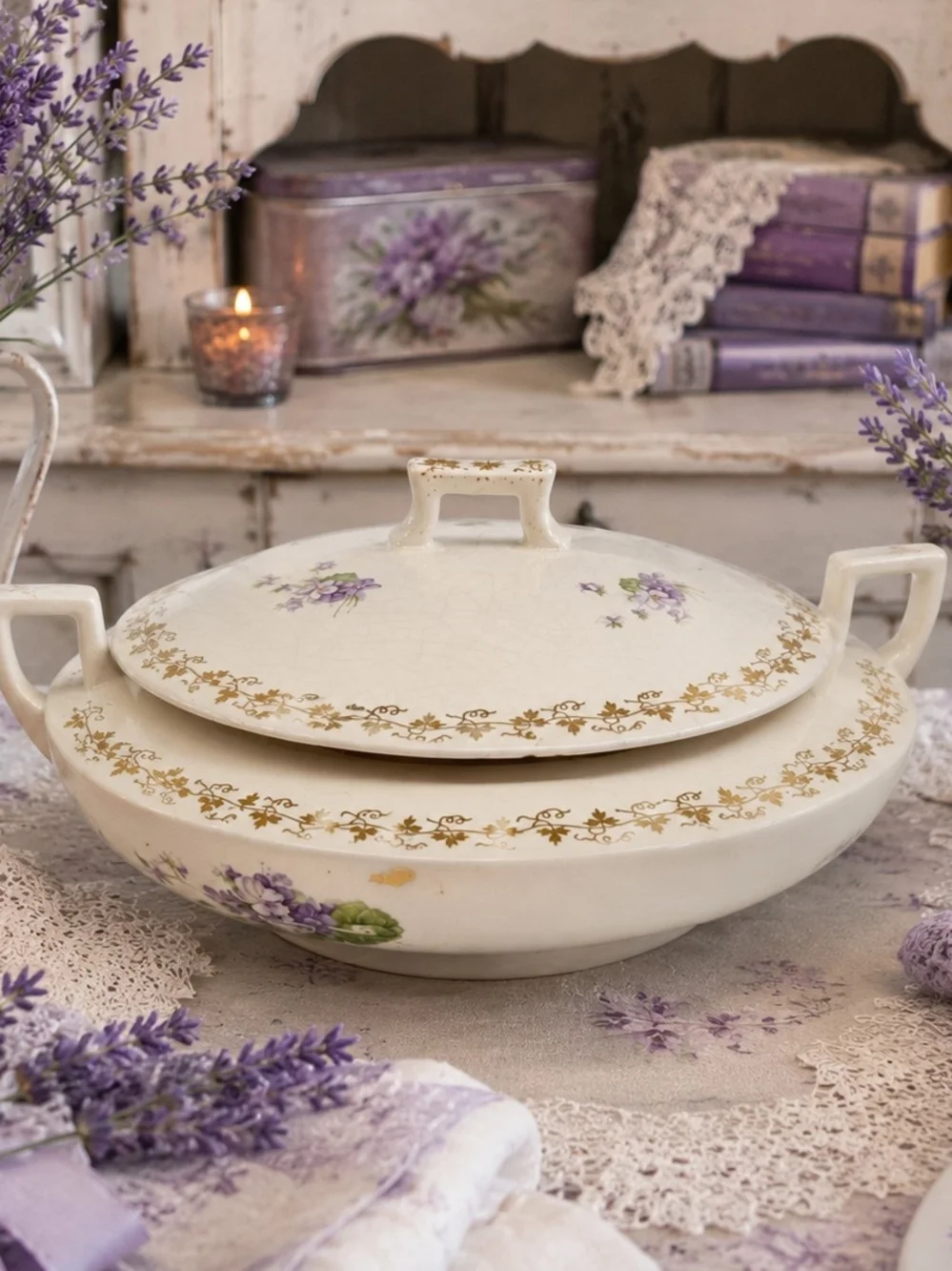 Vintage Floral Covered Serving Bowl - Cream with Purple Violets